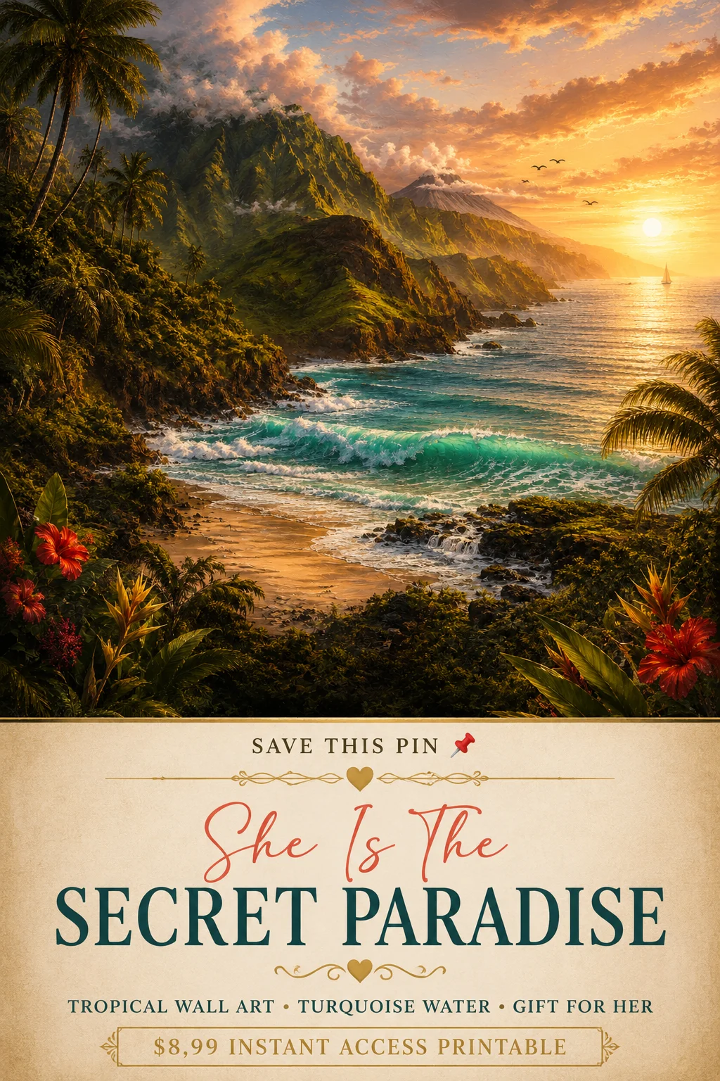 She Is As Wild As The Ocean | Tropical Ocean Wall Art Digital Download $8,99 product image (1)