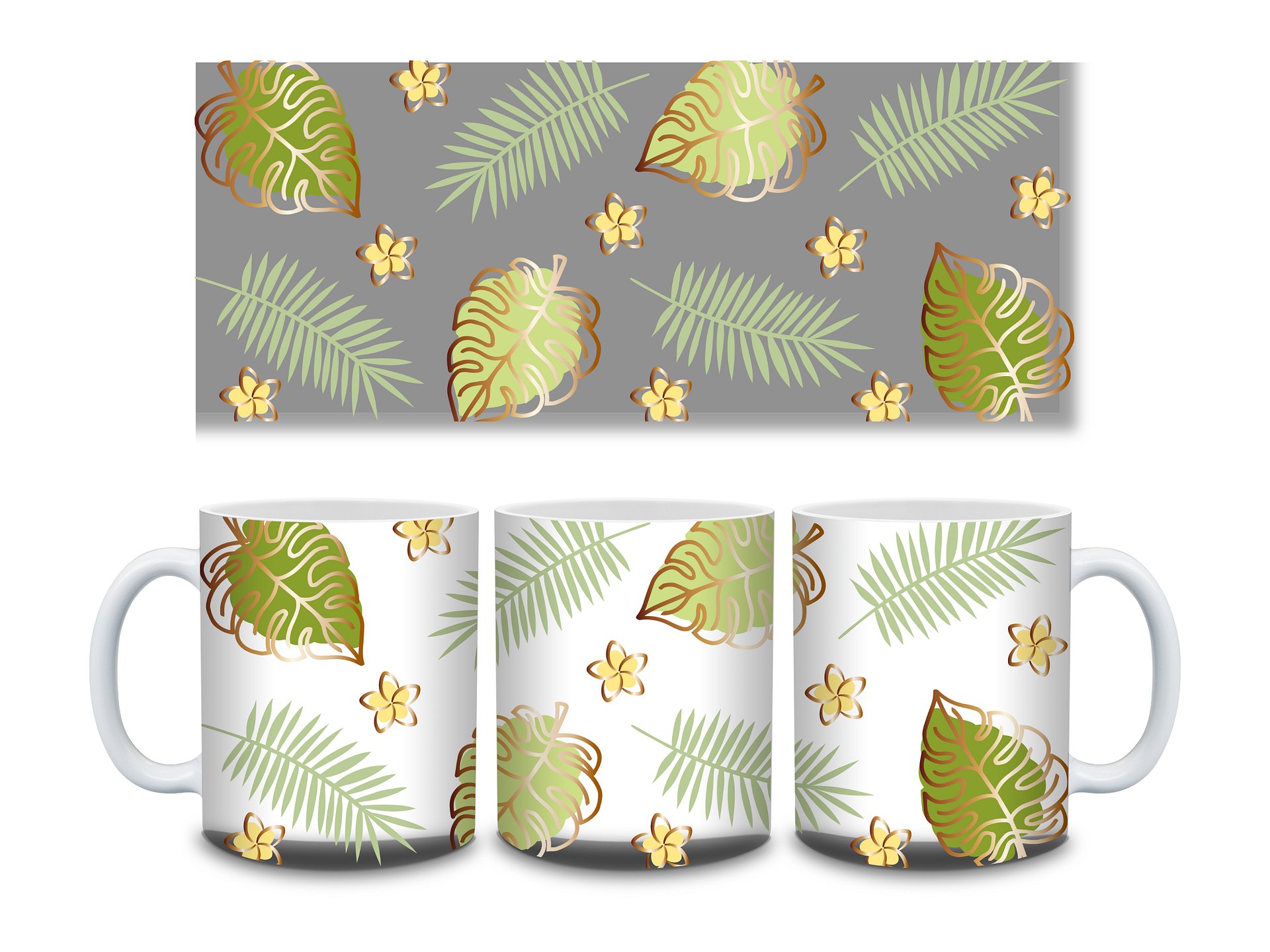 (Gold Border) Tropical Leaves and Flowers 11oz Coffee Mug – Nature-Inspired Ceramic Cup with Monstera and Floral Design – Perfect Gift for Plant Lovers product image (3)