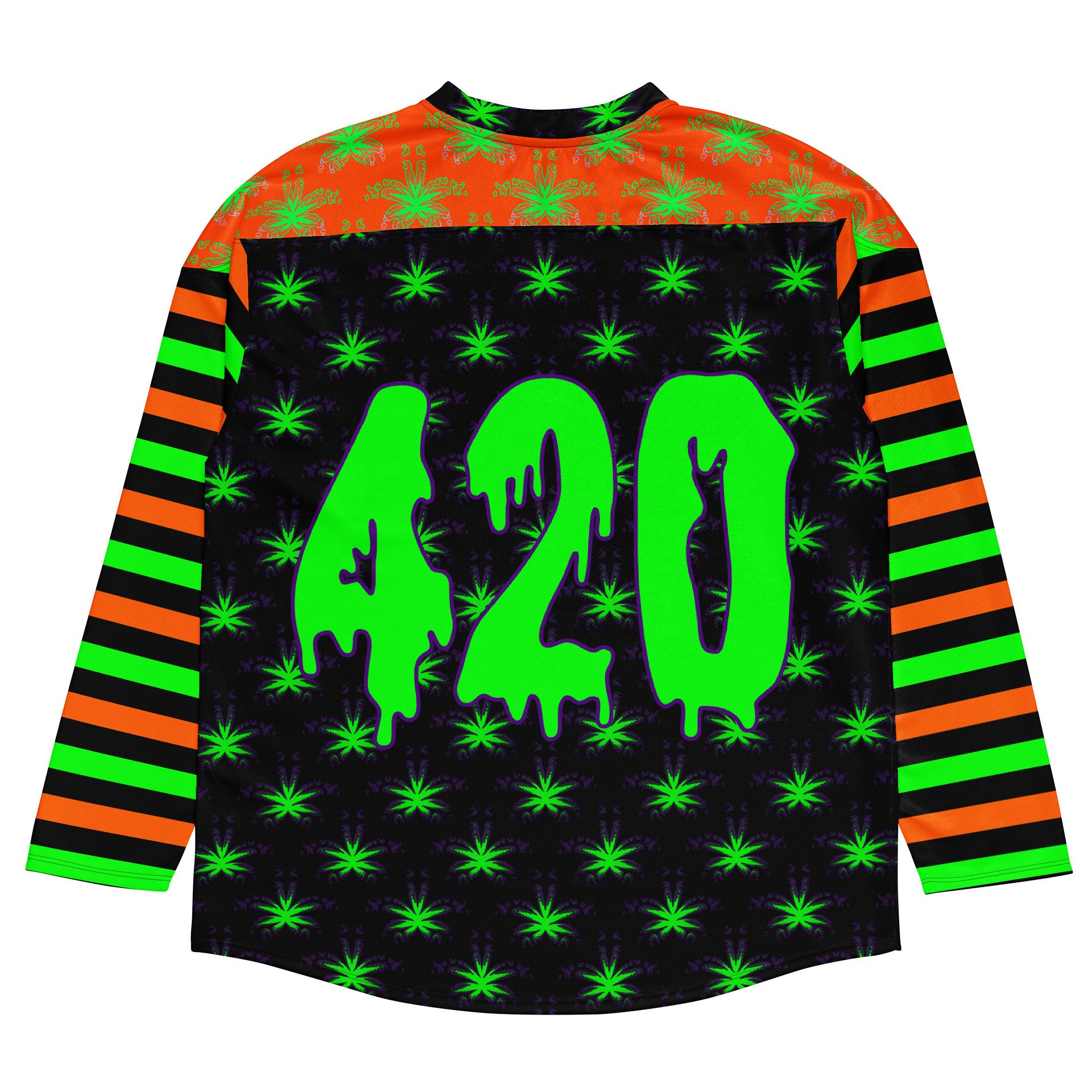 420 Halloween Hockey Jersey, Creepy Cannabis Clothes, Weed Leaf Fall Festival Fashion, Stoner Rave Stripe Shirt, Orange Black Green EDM Wear product image (3)