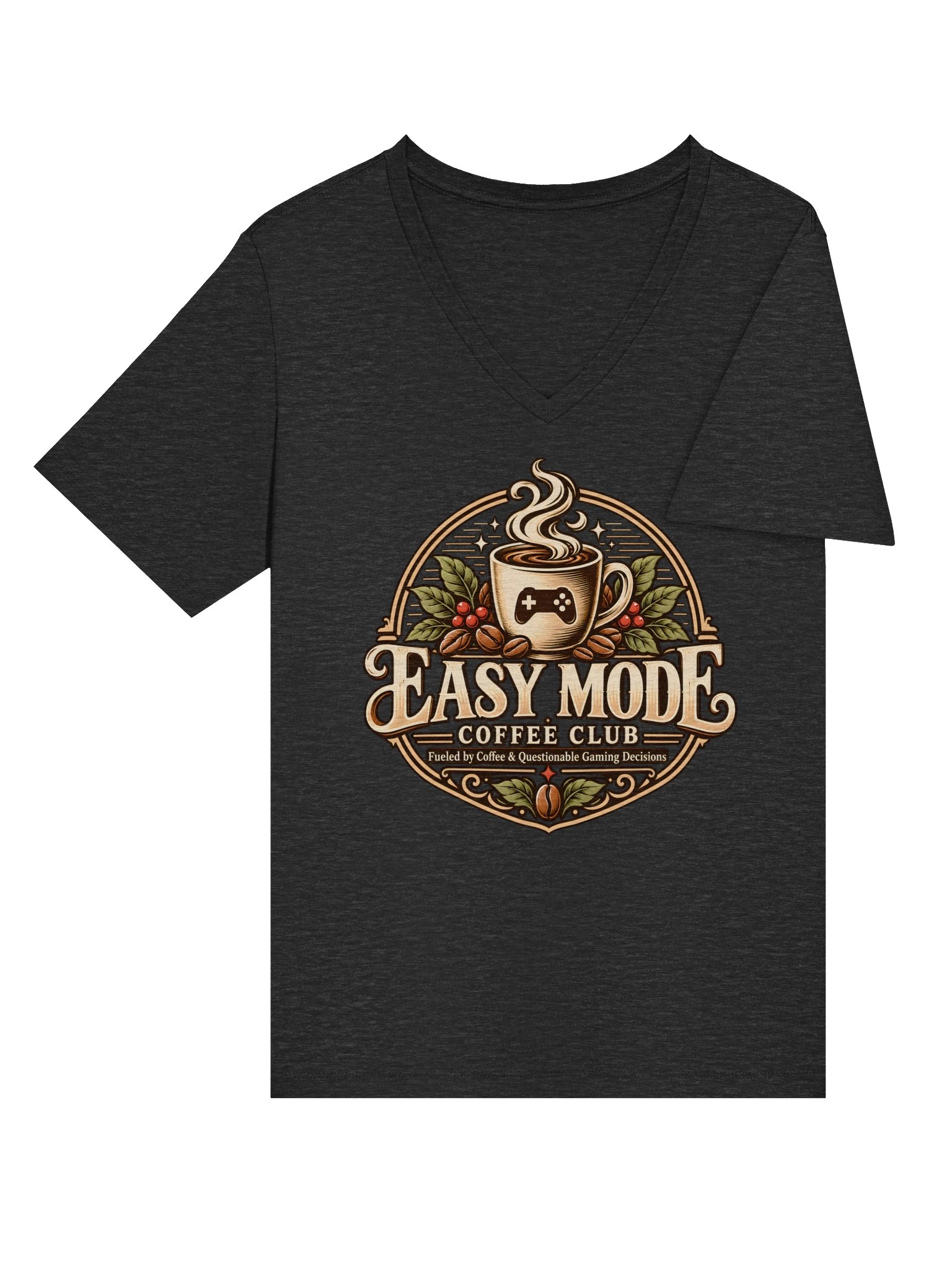 Easy Mode Coffee Club Women’s Relaxed V-Neck Tee – Dark Gray Heather product image (7)