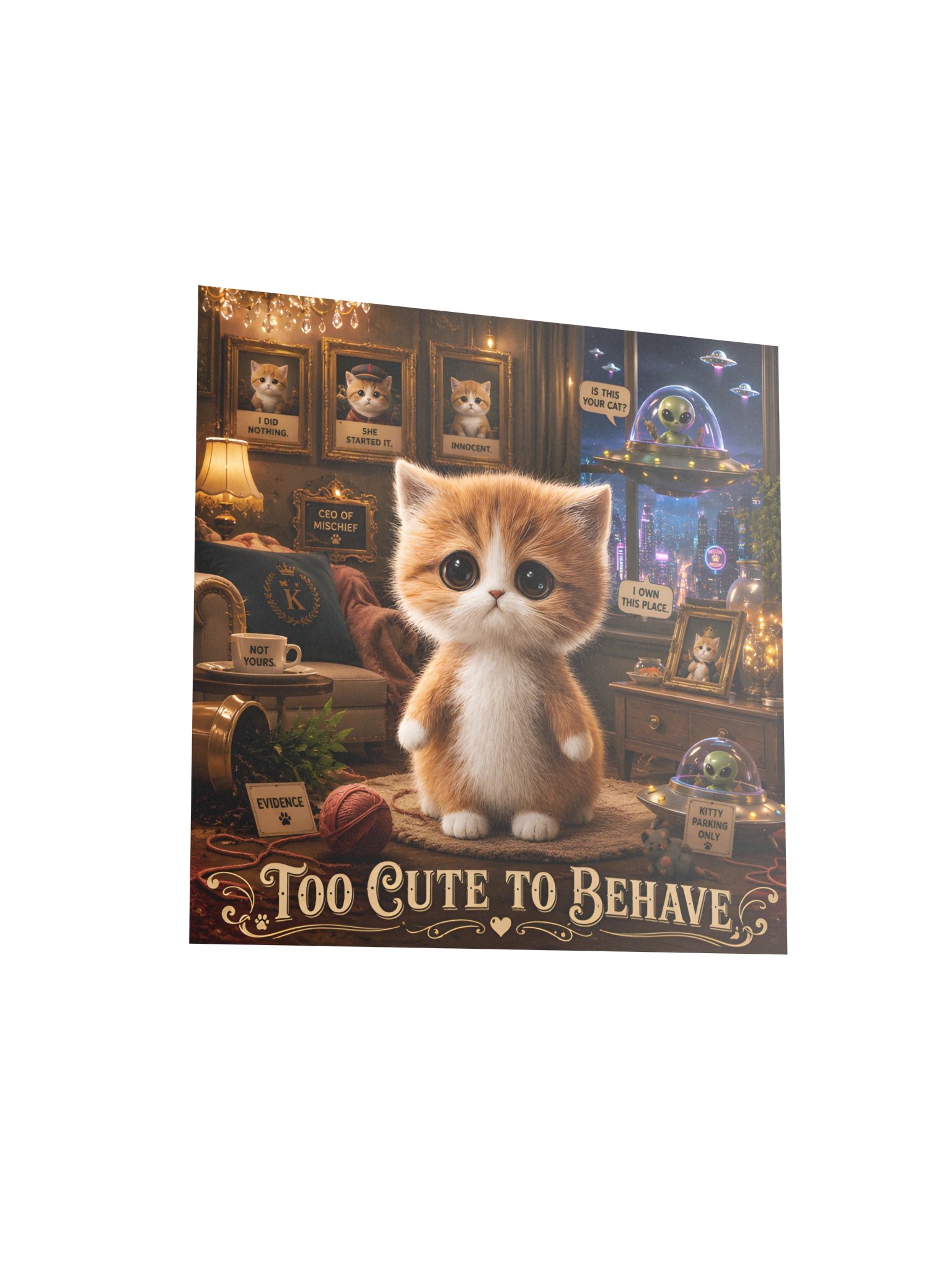 Too Cute to Behave Kitten Poster, Whimsical Cat Wall Art, Funny Cute Animal Room Decor Gift product image (5)
