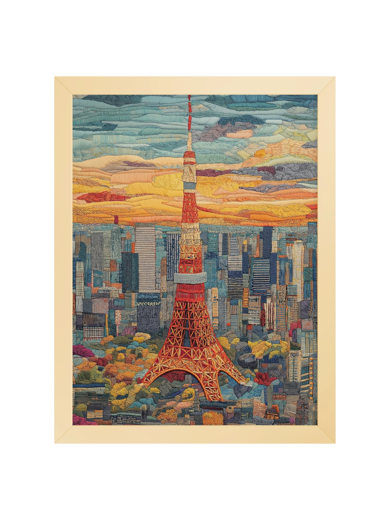 Golden Hour in Tokyo | Embroidery-Style Wall Art — Framed Print product image (21)