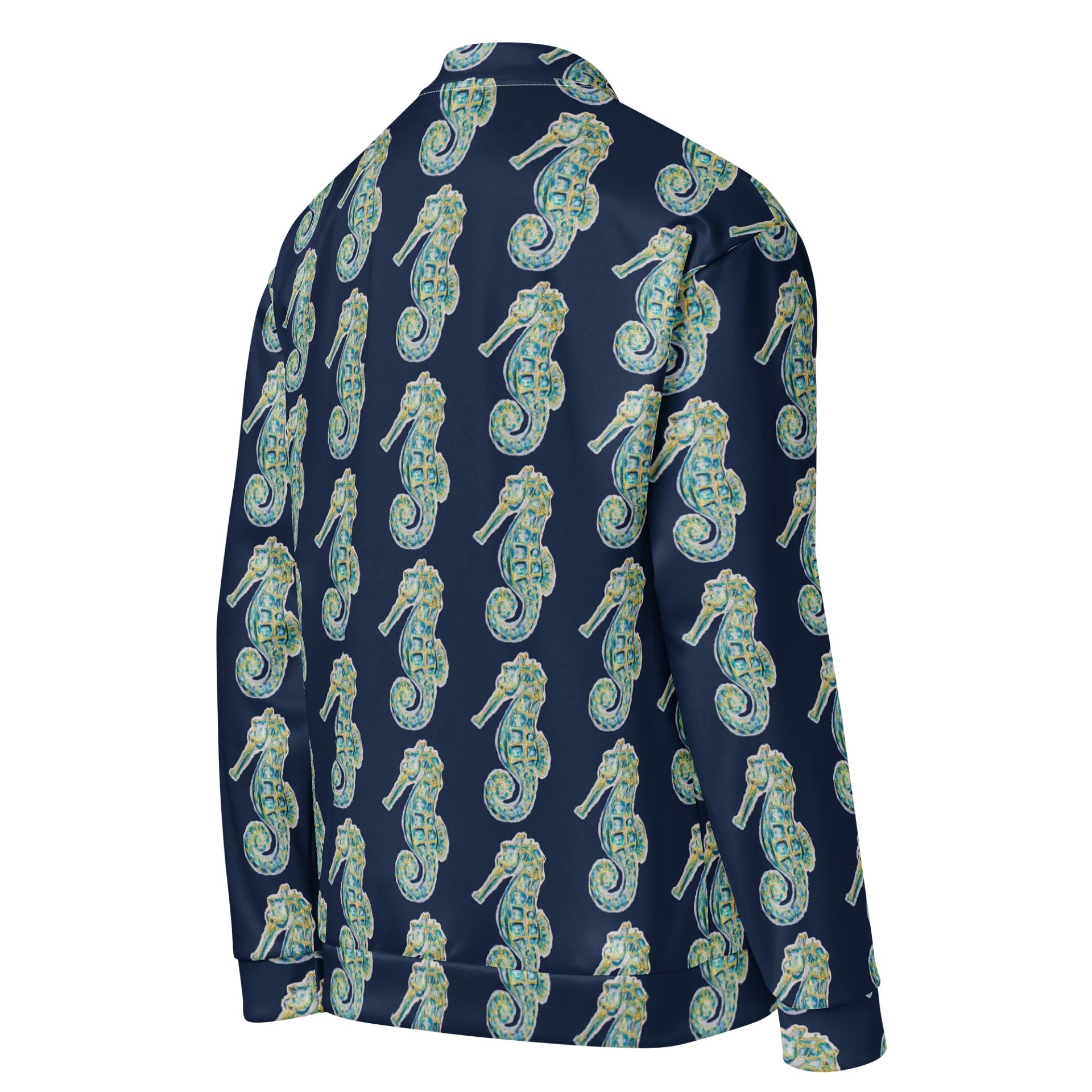 All-Over Print Bomber Jacket | Coastal Cool, City Bold | Monique Faella Designs™ Style | Painted Seahorses Pattern product image (4)