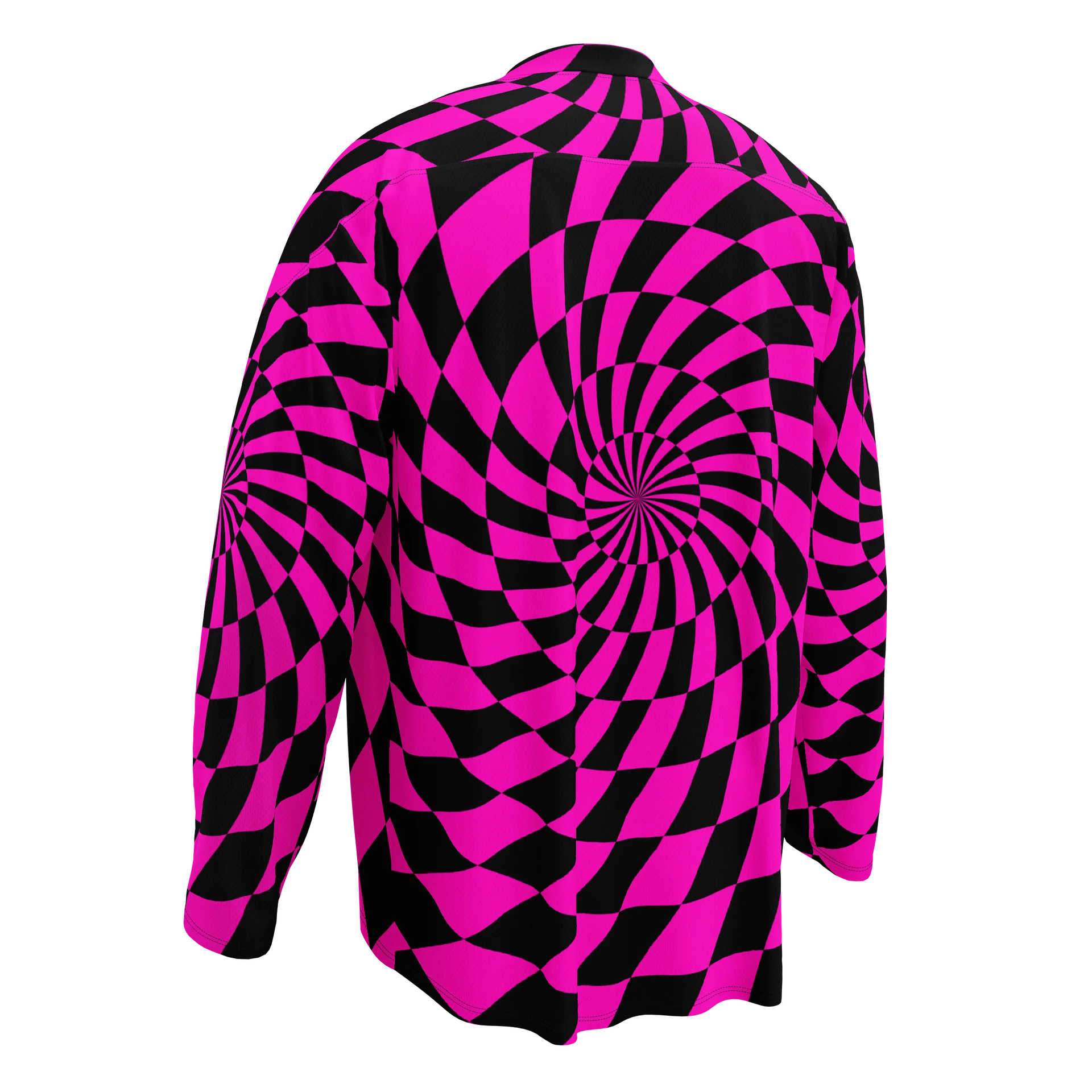 Psychedelic Rave EDM Hockey Jersey, Hot Pink Black Checkers Swirl Shirt, Trippy Techno Top Festival Fashion, Comfy Dance Party Clothing product image (5)