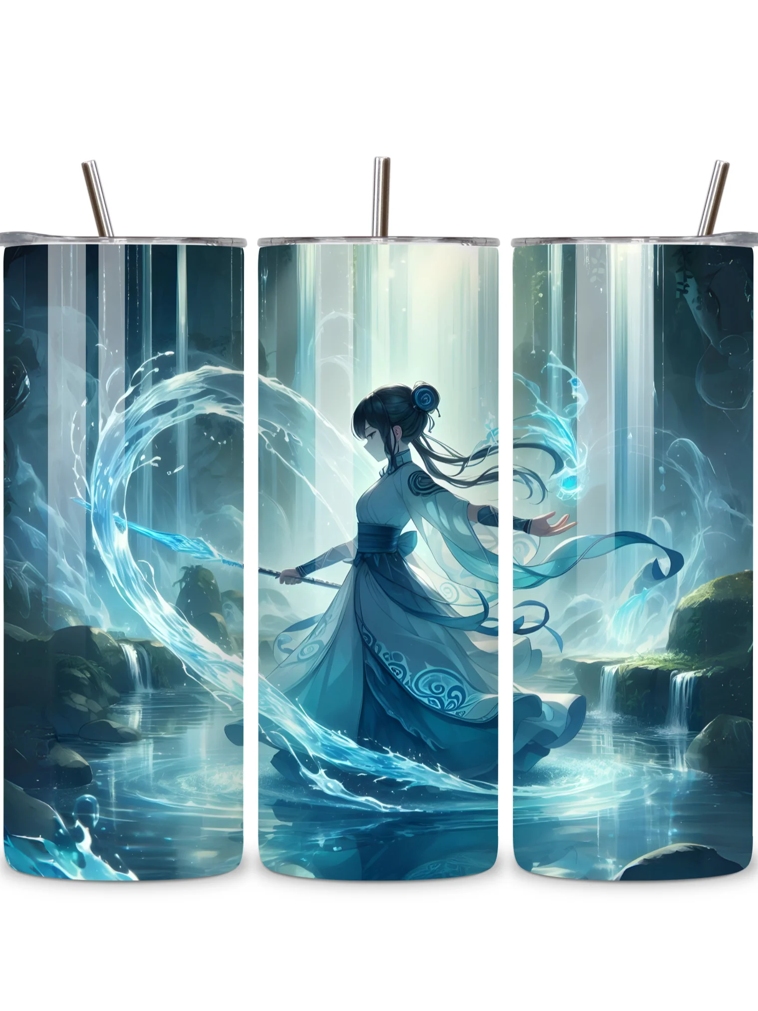 Elemental Anime Girl 20oz Skinny Tumblers with Metal Straws – Fire, Water, Earth, and Wind Designs – Double-Walled Insulated Stainless Steel Tumbler, Gift for Anime Fans and Nature Lovers (Water) product image (1)