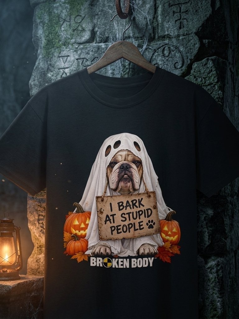 Funny Halloween Dog Lover Shirt — I Bark at Stupid People Bulldog Ghost Tee | Holly-Ween™ product image (1)