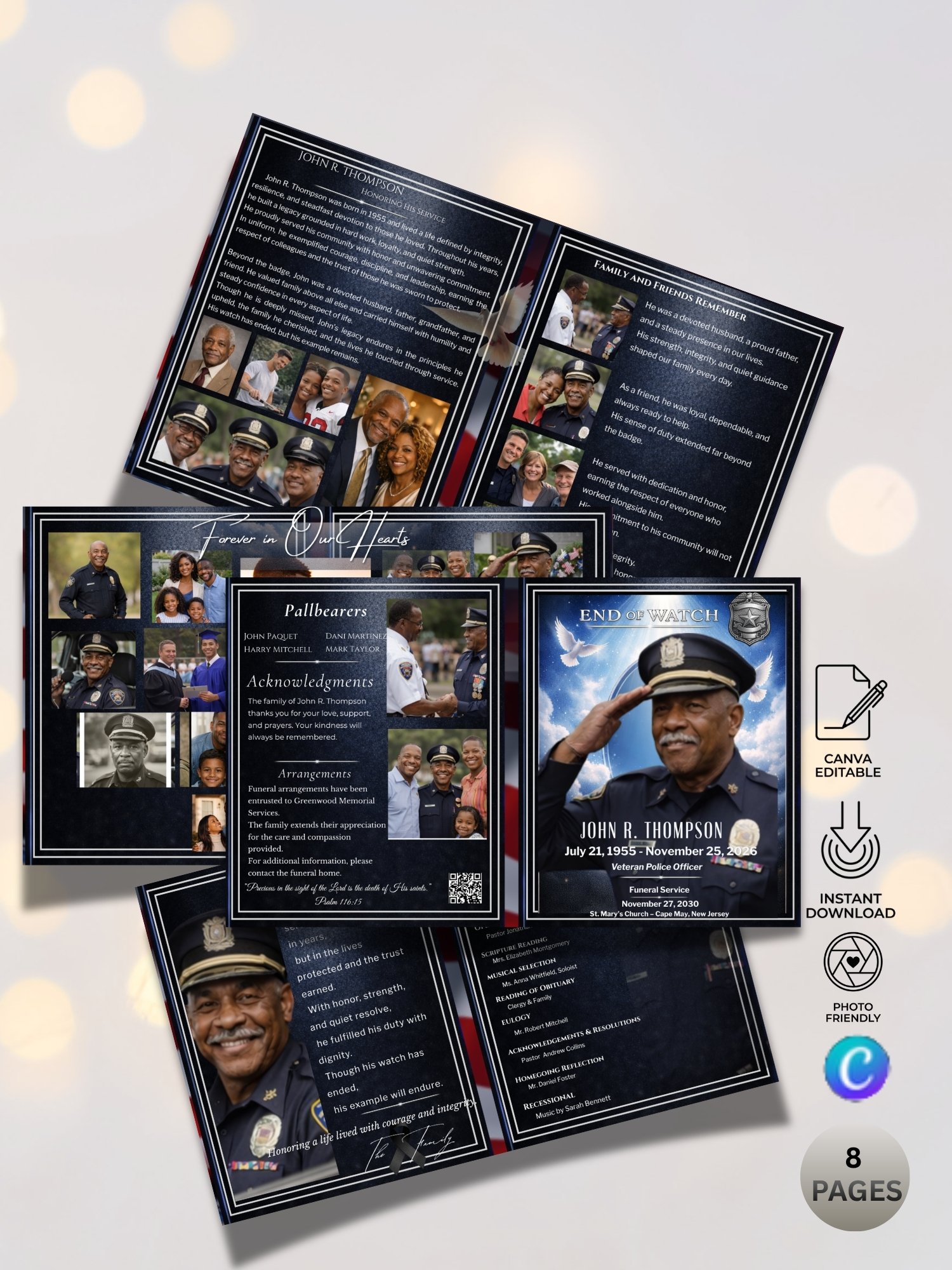 Police Funeral Program Template Bundle Tabloid & Legal | 8-Page End of Watch Memorial Booklet | Editable Canva Template with Mobile Version & QR Code product image (8)