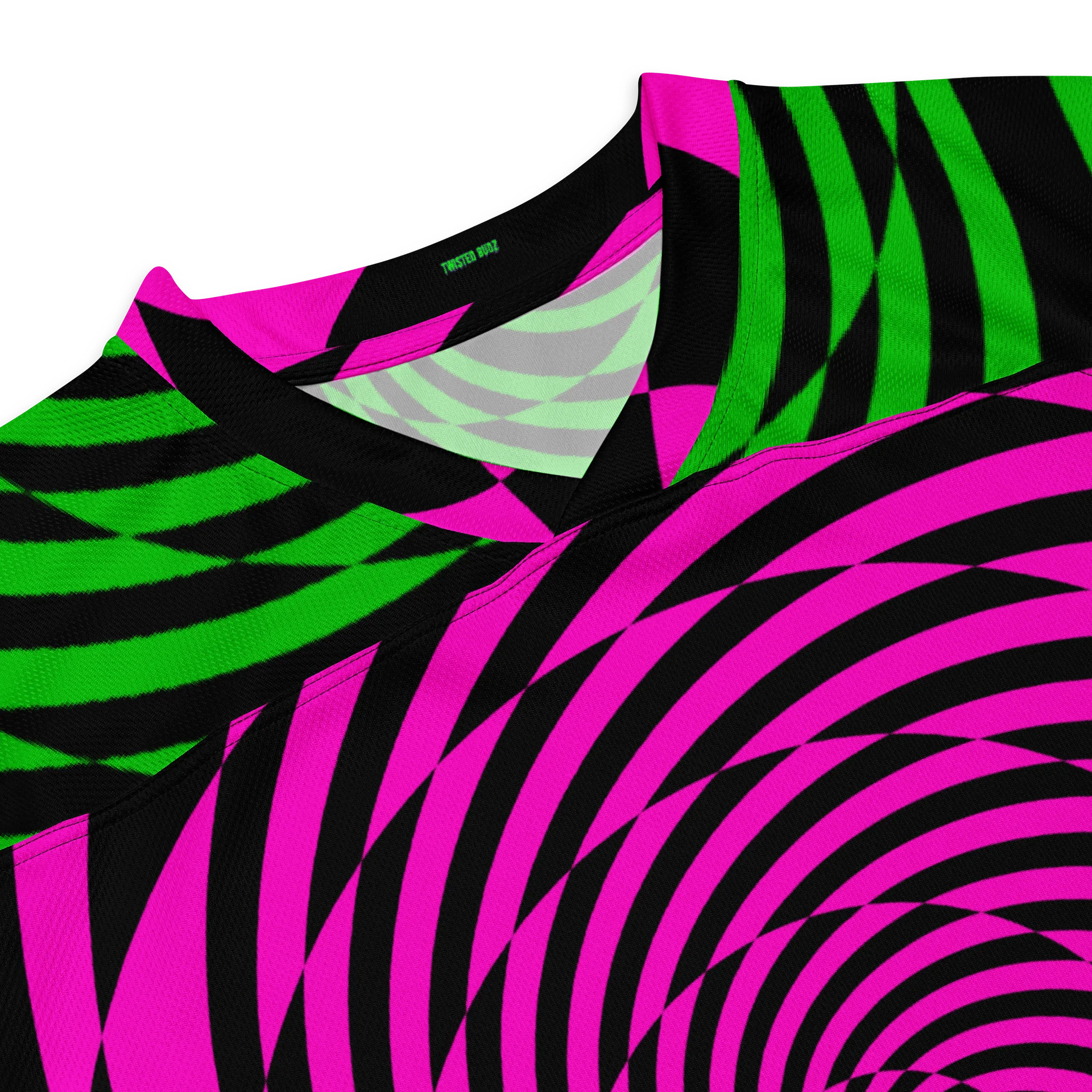 Trippy Rave Hockey Jersey, Psychedelic Spirals EDM Shirt, Fun Swirl Festival Wear, Retro Raver Fashion, Neon Pink Green Checkers Clothes product image (6)