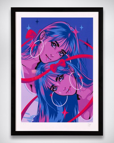 “Hello Hello”, 2026

Two sisters emerge in a luminous palette of rich violet, glowing magenta, and deep ultramarine blue—a vi...