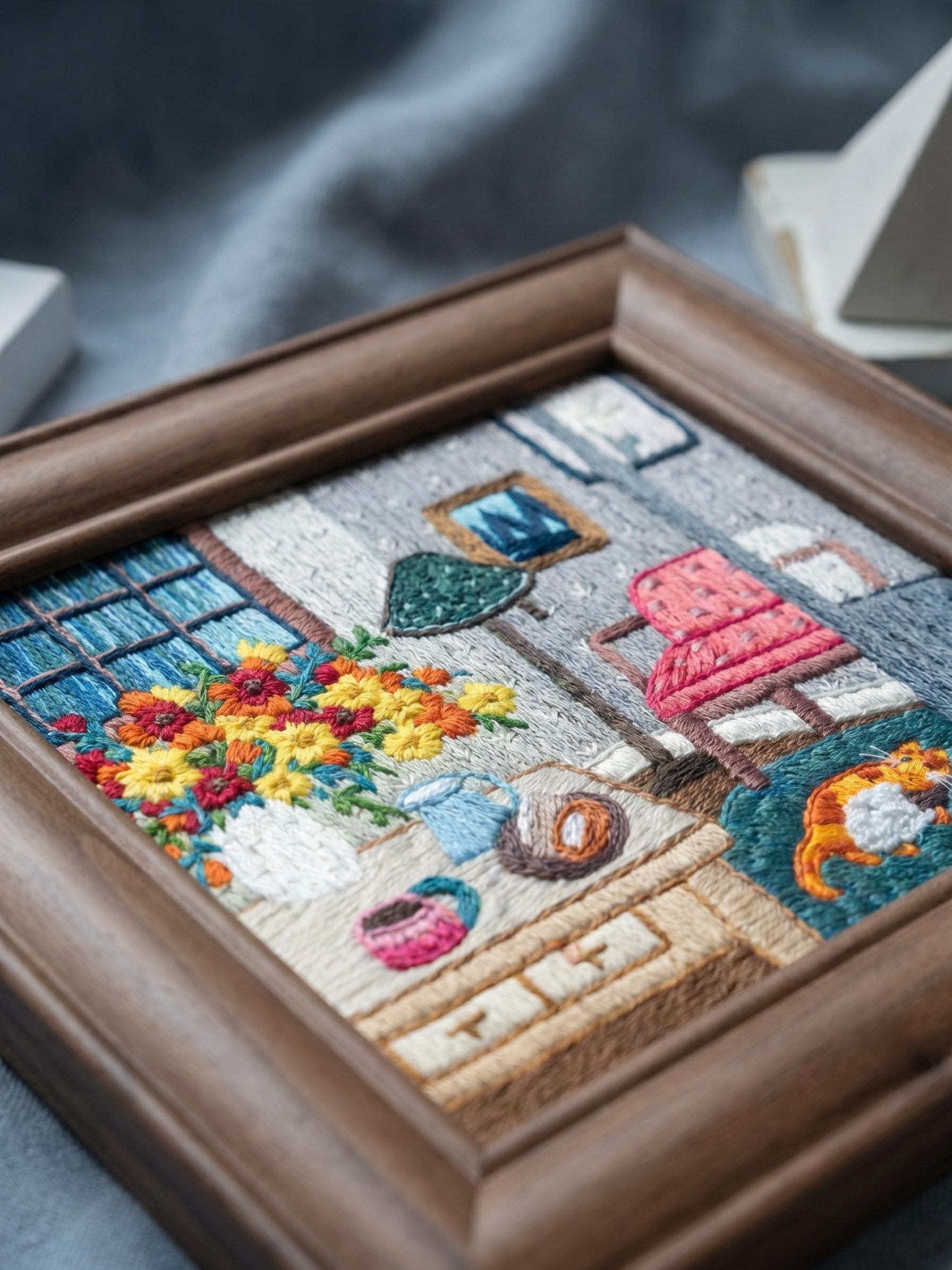 Spring Afternoon Impression Embroidery Artwork in Artisan Solid Wood Frame (14.7 x 14.7cm) product image (3)