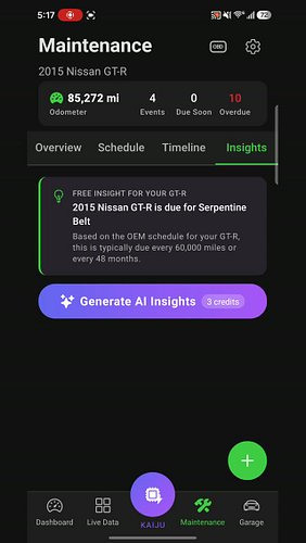Generate AI Insights.

Overdue items to bundle. Oil change interval update after an intake and tune.

kaijumechanic.com/download