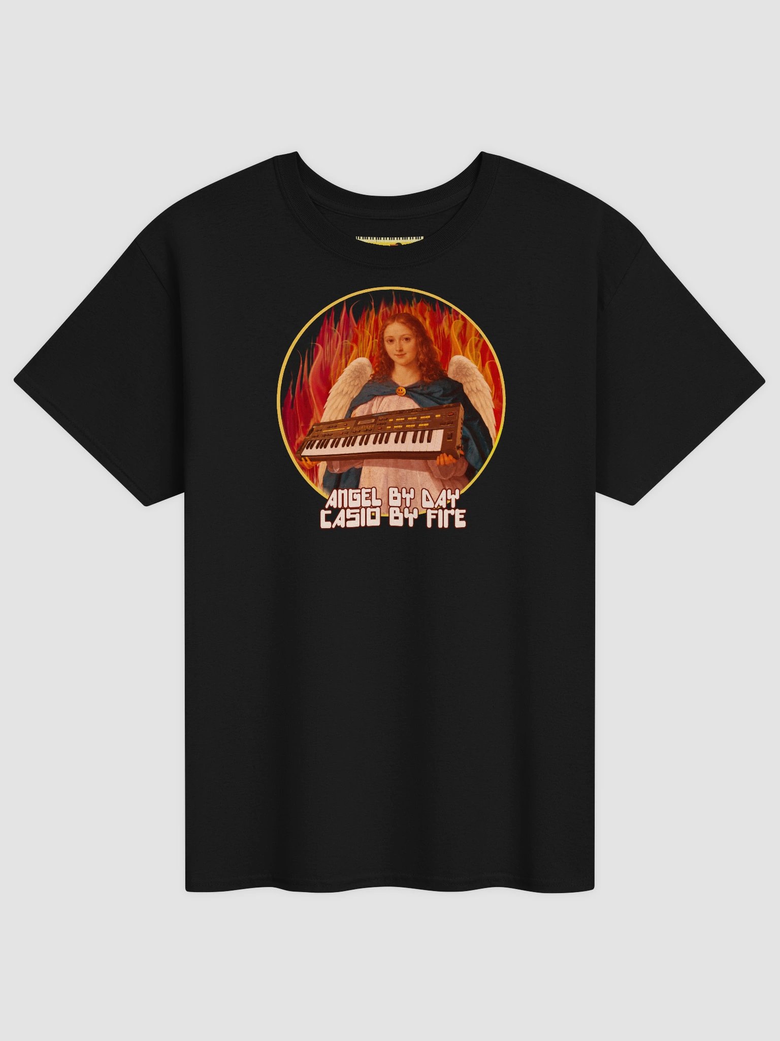 ANGEL BY DAY, CASIO BY FIRE, by Frank Fonik, Techno EDM Unisex t-shirt product image (1)
