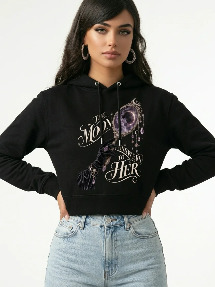 Celestial Moon Ritual — Gothic Lunar Women’s Cropped Pullover Hoodie product image (6)