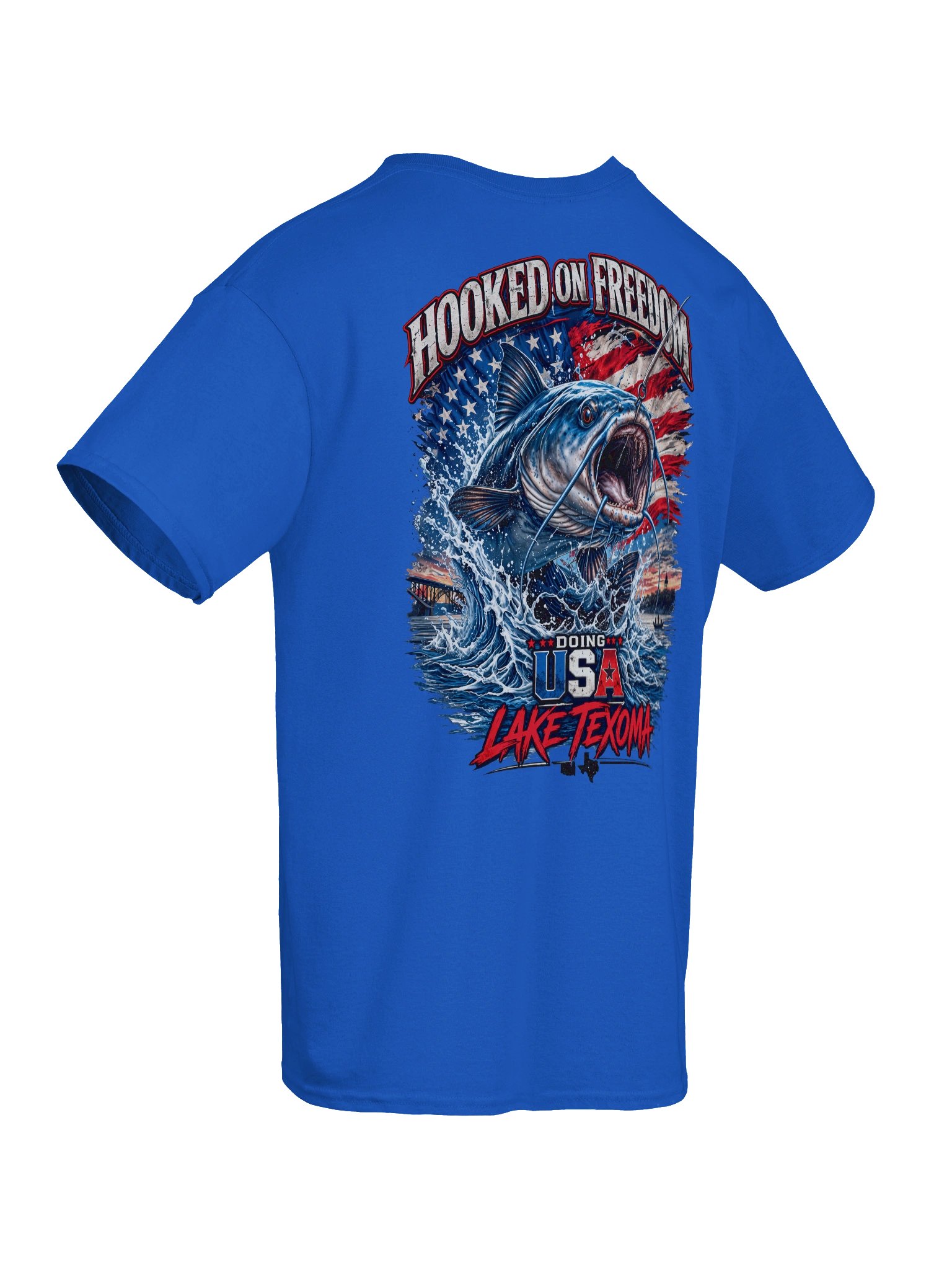 Hooked On Freedom - Patriotic Lake Texoma Fishing T-Shirt | Gildan 5000 Heavy Cotton Tee product image (5)
