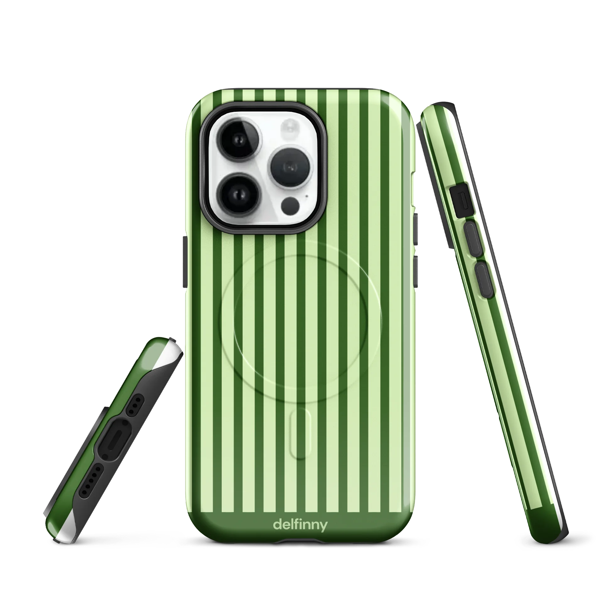 Striped Phone Case for iPhone 14 & 15 Series – MagSafe Compatible (Glossy Forest Green) product image (1)