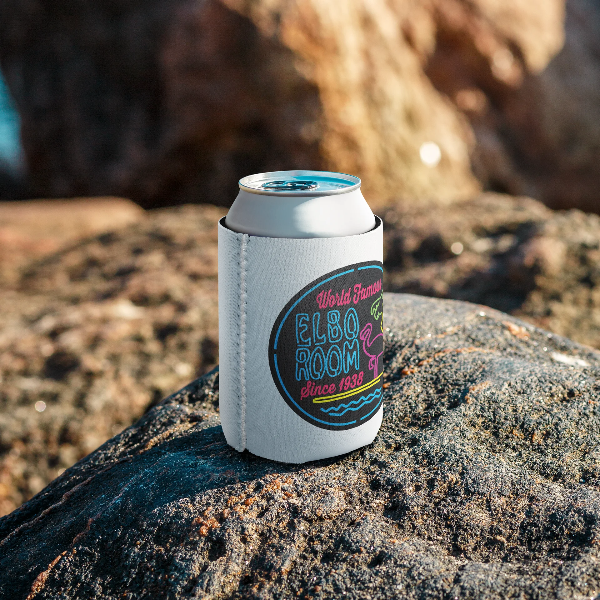 Elbo Room World Famous Neon Flamingo Can Koozie | Classic White product image (8)
