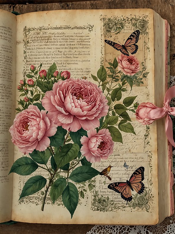 Set of 8 Antique Book Pages with Garden Roses No.R245 product image (8)