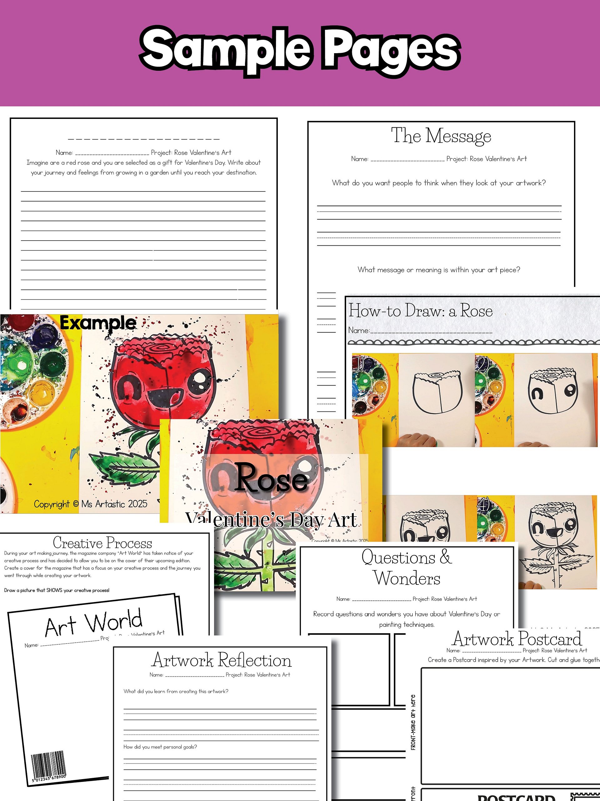 Valentines Day Rose Art Project Valentine Art Lesson with Reading Writing Rose Artwork for Elementary product image (9)