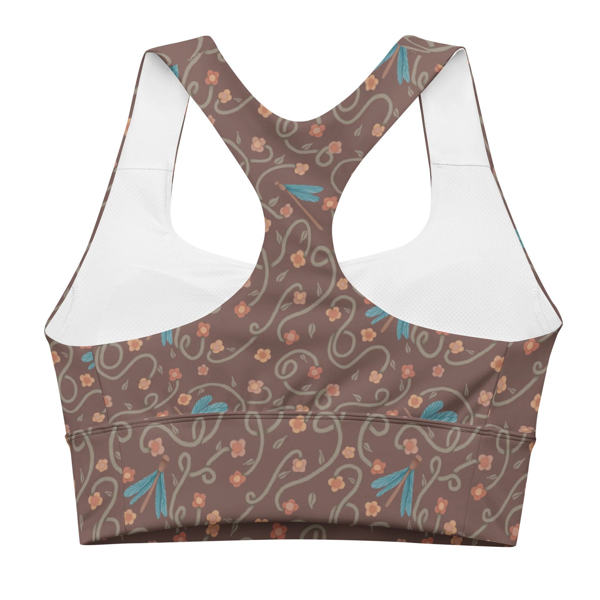 All-Over recycled longline sports bra. Dragonfly and floral artistic activewear product image (4)