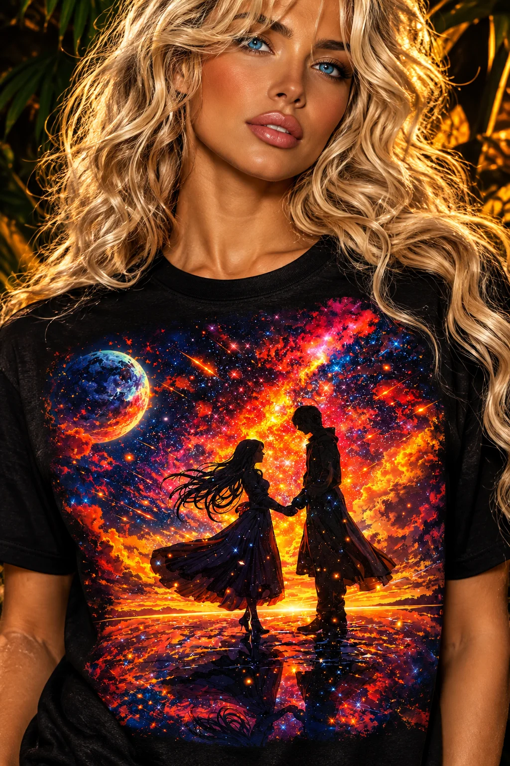 Cosmic Love Galaxy T-Shirt, Celestial Couple Space Art, Fantasy Romance Gift for Stargazers product image (1)