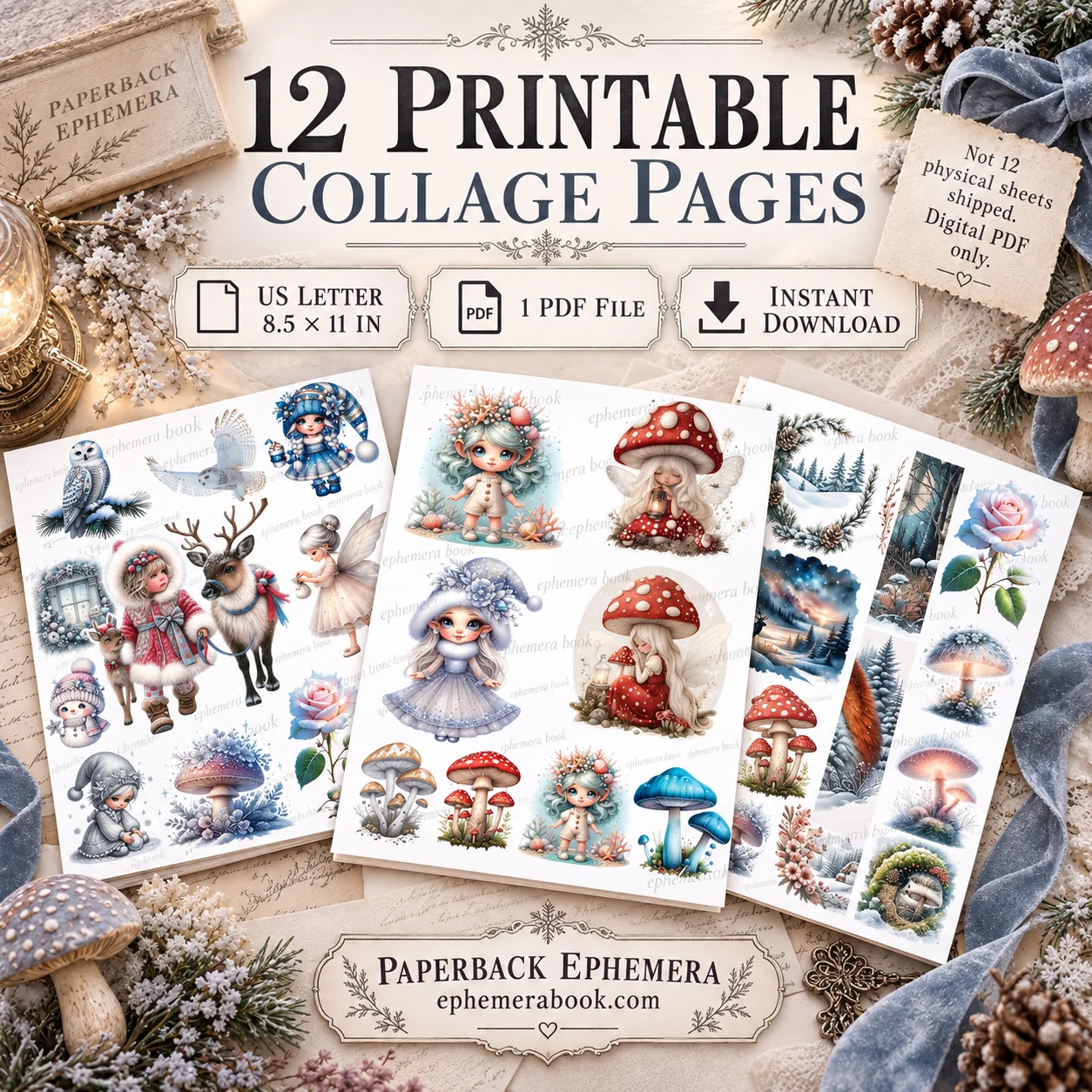 Winter Woodland Ephemera Printable PDF | 12 Junk Journal Pages product image (3)
