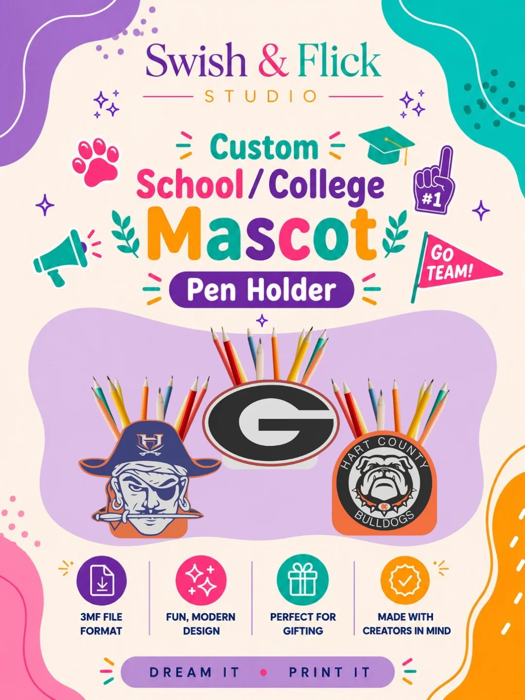 Custom School Mascot Pen Holder 3MF File | College Team Desk Organizer | Personalized Pen Cup | Multicolor 3D Print Digital Download product image (1)