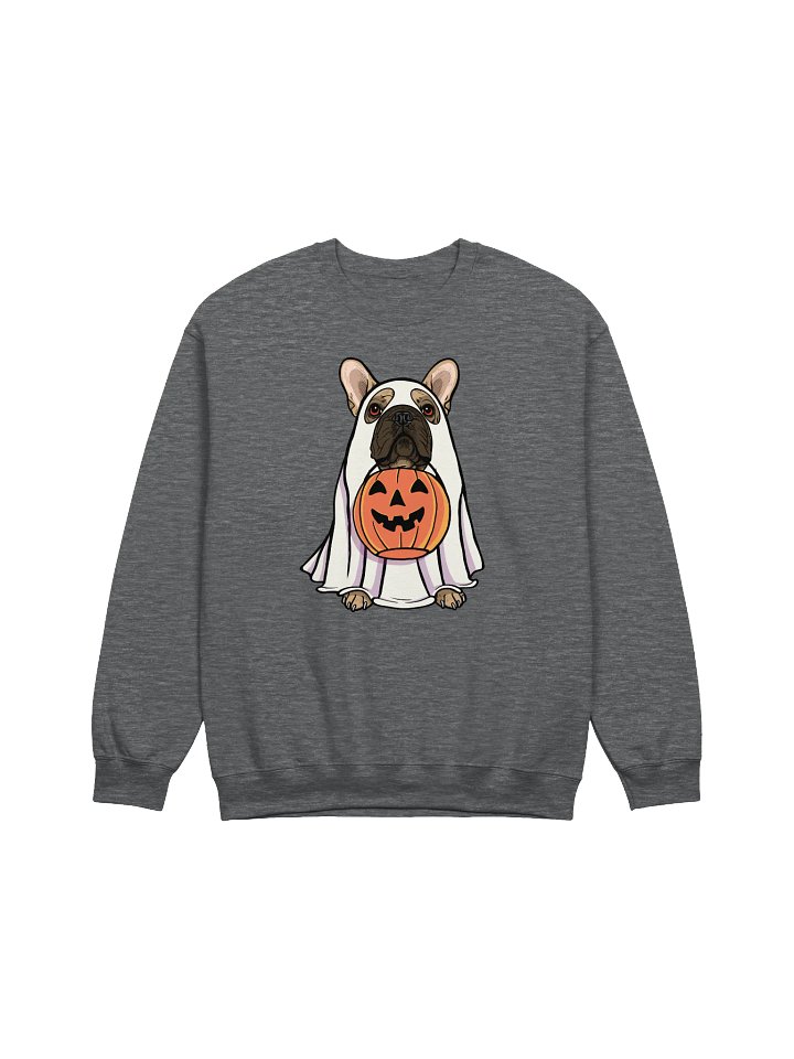Funny Halloween French Bulldog Sweatshirt | Funny Frenchie Wearing a Ghost Costume and Holding a Pumpkin Basket product image (1)