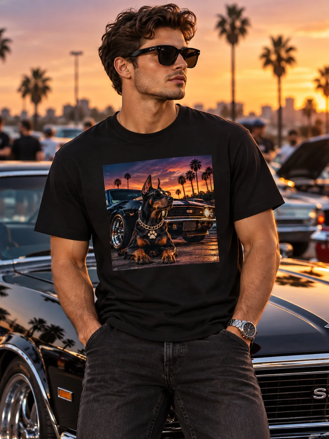 Doberman Dog T-Shirt | Muscle Car Graphic Tee | Car Lover Shirt | Vintage Automotive Dog Tee product image (1)