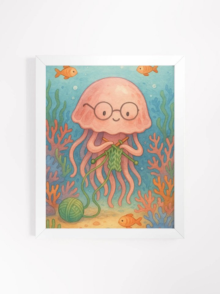 Whimsical Jellyfish Knitting Underwater – Cute Ocean Wall Art for Kids' Rooms & Craft Lovers product image (1)
