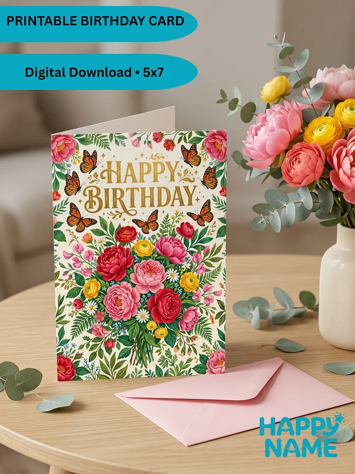 Elegant Floral Birthday Card Printable • Luxury Peony & Butterfly Birthday Card • 5x7 Digital Folded Greeting Card for Her product image (1)