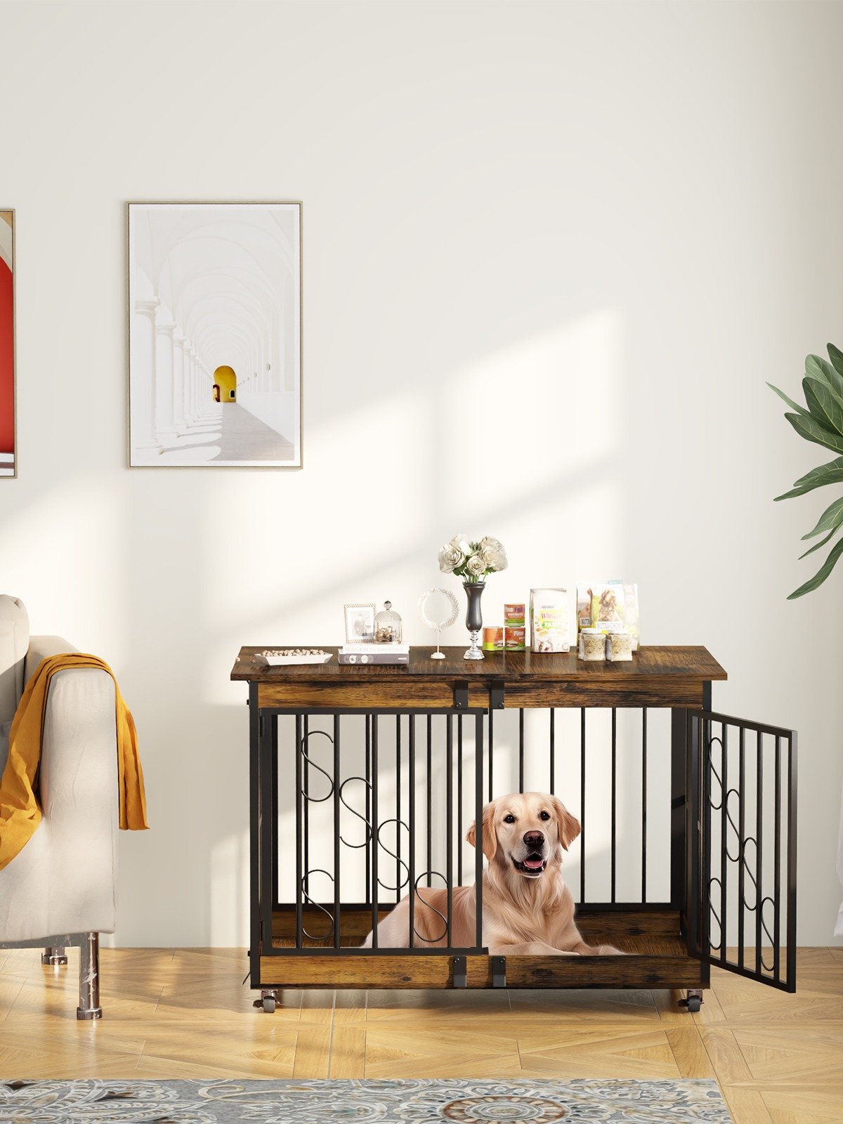 48 Inch Dog Cage Furniture for Extra Large Dog, Double-Doors Heavy Duty Dog Crate with 360° Caster Wheels, Dog Kennel Indoor Decorative Pet House Dog Cage Table, Brown product image (8)