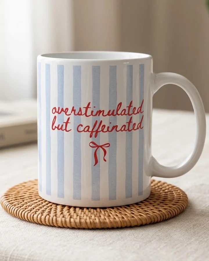 Overstimulated But Caffeinated Mug – Funny Mom Coffee Mug, Coquette Aesthetic, Cute Striped Bow Mug, Mothers Day Gift, Tired Mom Gift, Sarcastic Coffee Mug for Women product image (2)