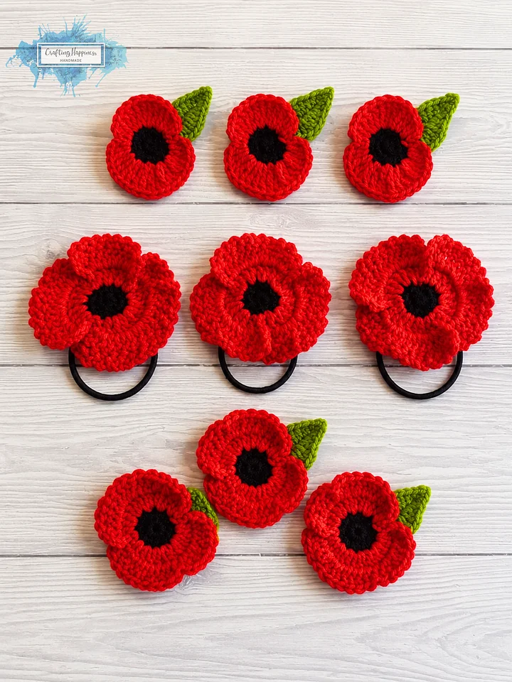 Crochet Poppy Flower Patterns Bundle | Brooch, Pin, Hair Tie (PDF Pattern) product image (1)