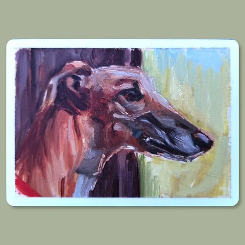 Greyhound, oil on card 64x89mm/2.5x3.5in

(My favourite dogs) 

#art #oilpainting #dogpainting