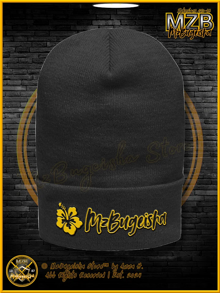 Beanie - MzBugeisha™ "Name Logo w/ Hibiscus Flower [MZBPC] (blk/yellow)" Stylish Embroidered Beanie Hat By Anna H. product image (1)