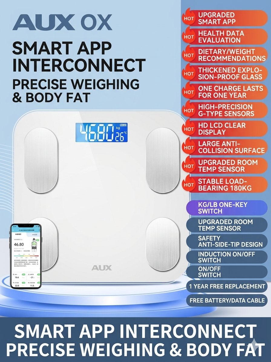 AUX Body Scale: Smart App / Digital Models, 81+ Metrics, 0.01kg High Precision, USB Rechargeable / Battery, 400lb Capacity product image (2)