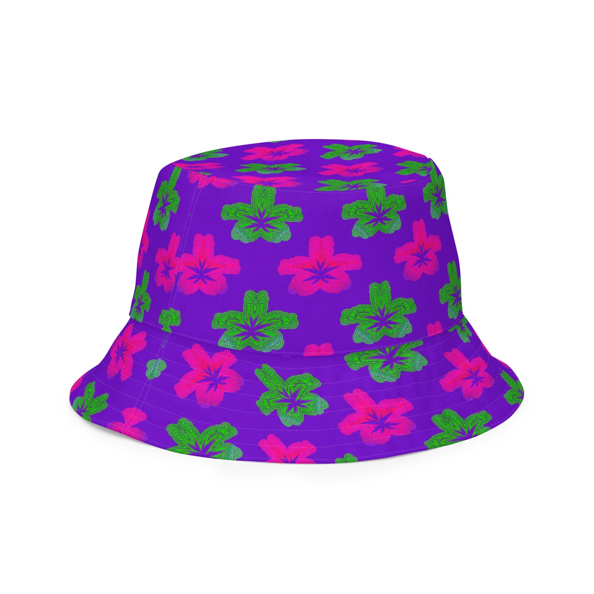 Clowny Cannabis 420 Flower Reversible Bucket Hat, Stoner Circus Weed Art, Hot Pink Green Purple Pot Leaf Pattern 420 Fashion product image (4)