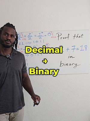 Decimal to Binary - Proof that 11+7=18 in binary  Follow me on:  YouTube: https://www.youtube.com/@ProfessorGovalla Instagram: www.instagram.com/professorgovalla TikTok: www.tiktok.com/@professorgovalla Check out the webpage: https://professorgovalla.com/