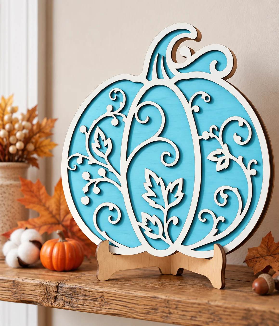 12" Handmade Layered Wooden Pumpkin with Stand | Fall Décor product image (3)