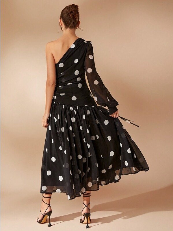 L'Amorae Elegant Polka Dot One Shoulder Long Sleeve Drop Waist Flowy New Year Holiday Party Maxi Dress product image (2)