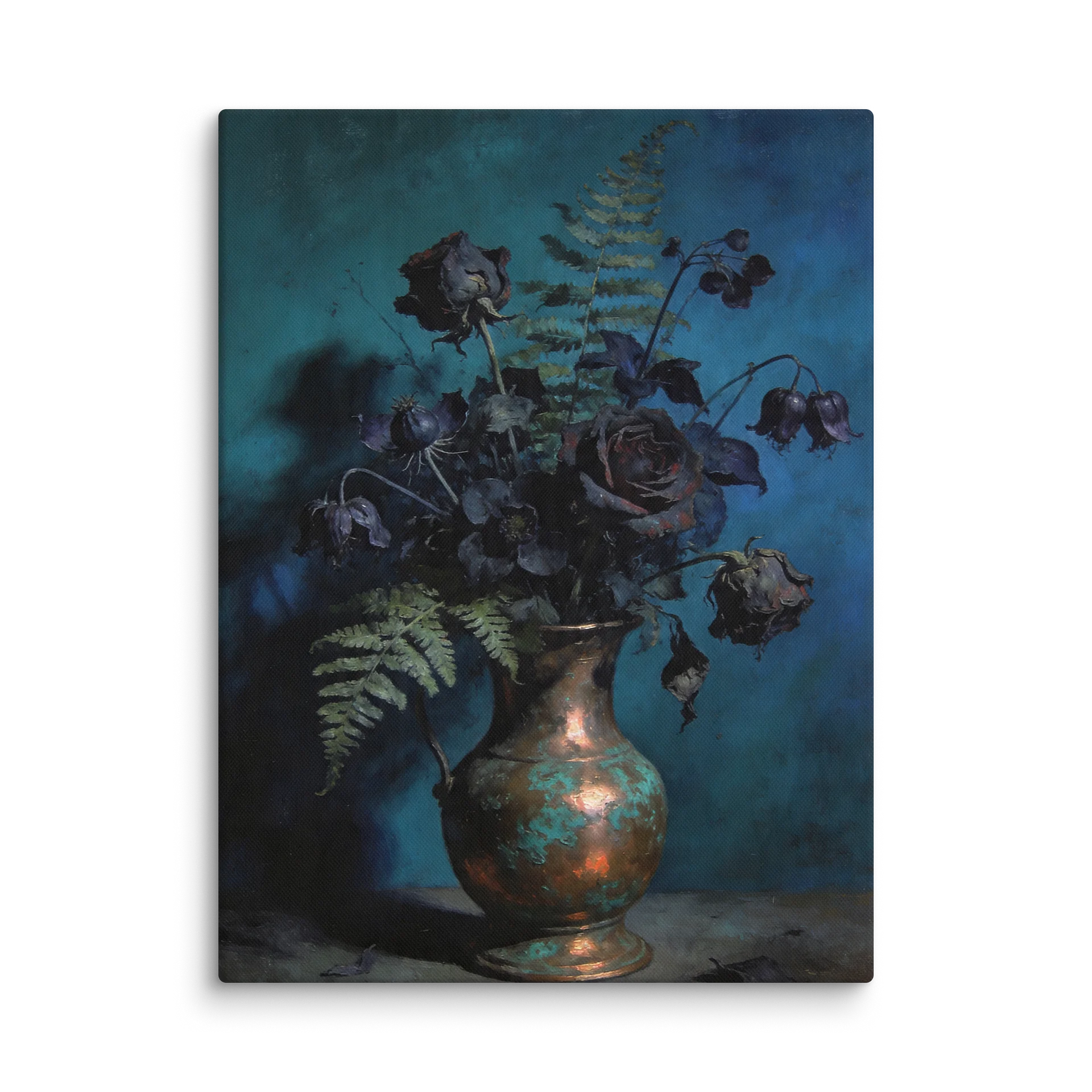 Dark Roses in Copper Vase | Dutch Master Still Life Canvas Print | Moody Botanical Wall Art | Dark Academia Floral Decor | Teal and Copper Art Print product image (1)