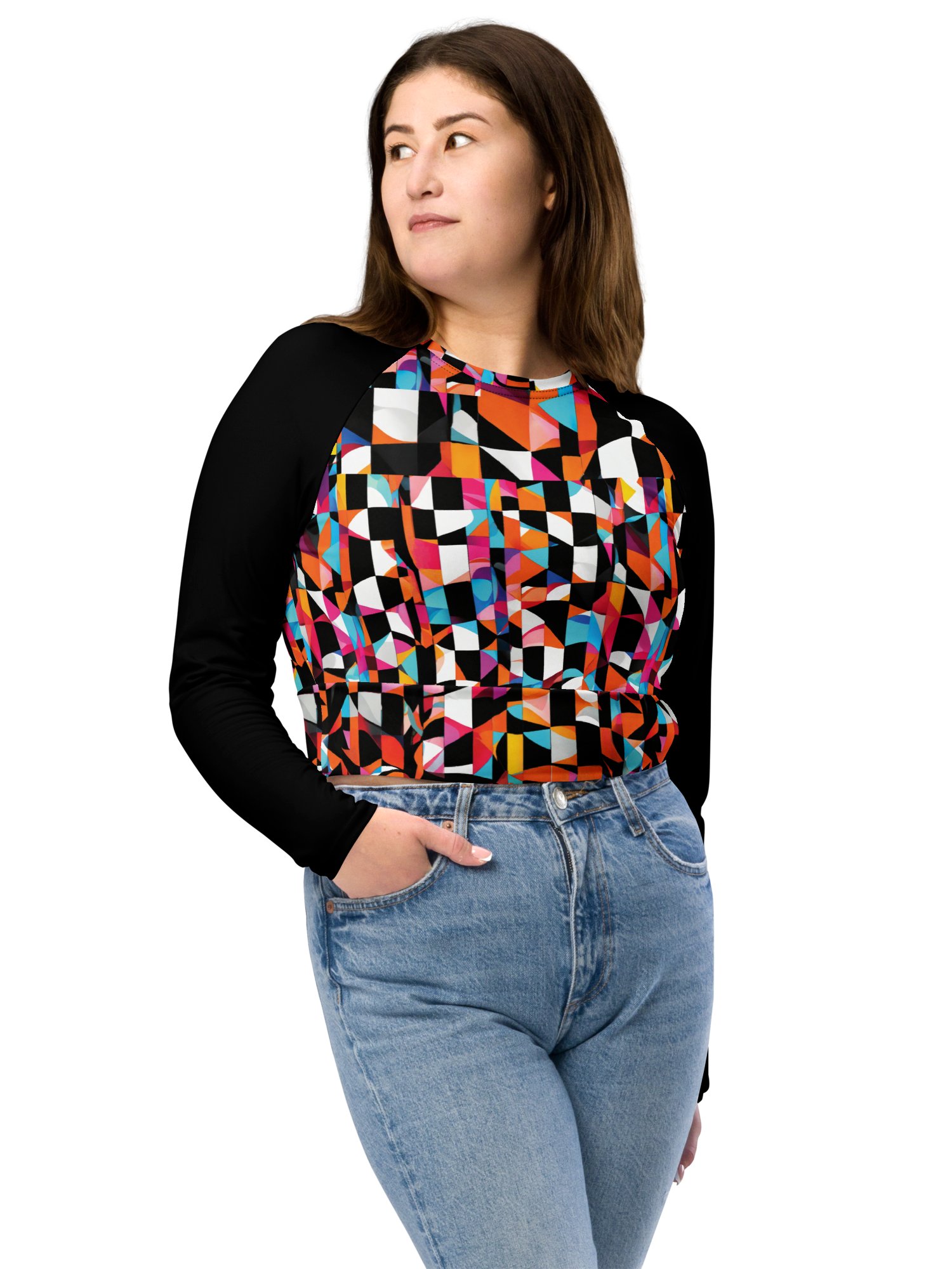 Recycled Long Sleeve Crop Top "Colorful Modern Abstract Checkered Art Printed" product image (6)