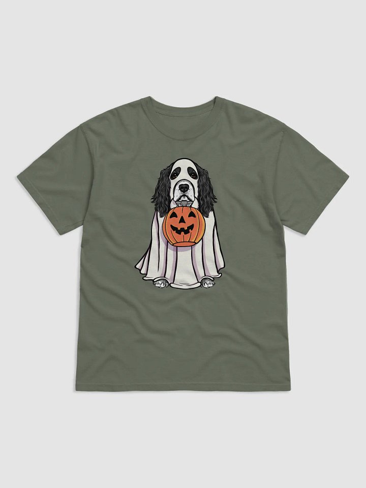 Funny Halloween Cocker Spaniel(Black & White) T-Shirt | Funny Cocker Spaniel Wearing a Ghost Costume and Holding a Pumpkin Basket product image (1)