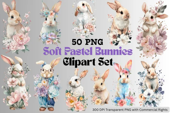 Rabbits & Flowers Clipart PNG Bundle, Whimsical Bunnies for DIY Crafts (Commercial Use) product image (1)