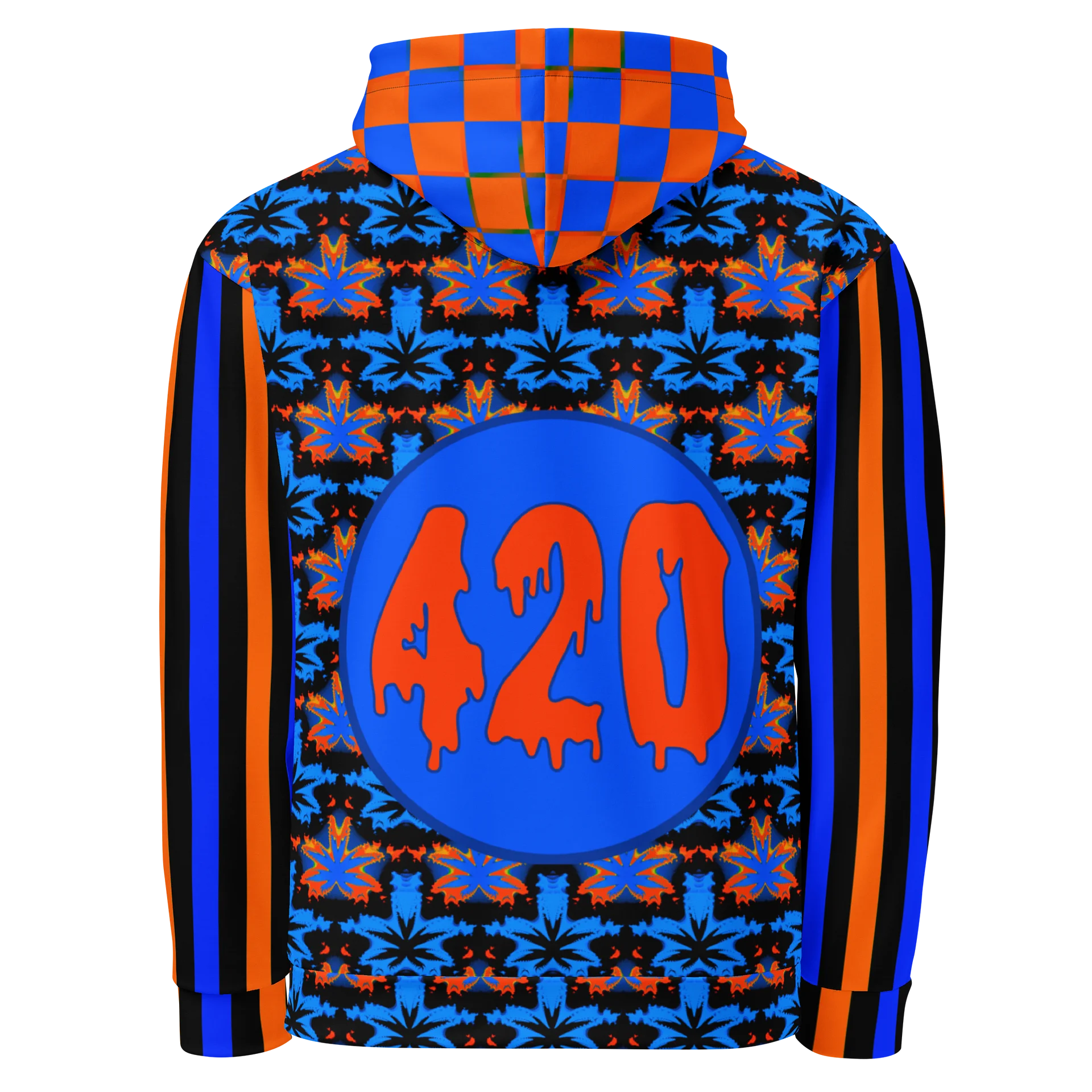Blue Orange Black Cannabis Art 420 Hoodie, Checker Circus Stripe Clowncore Fashion, Weed Leaf Fall Festival Wear, Retro Rave Stoner Clothing product image (3)