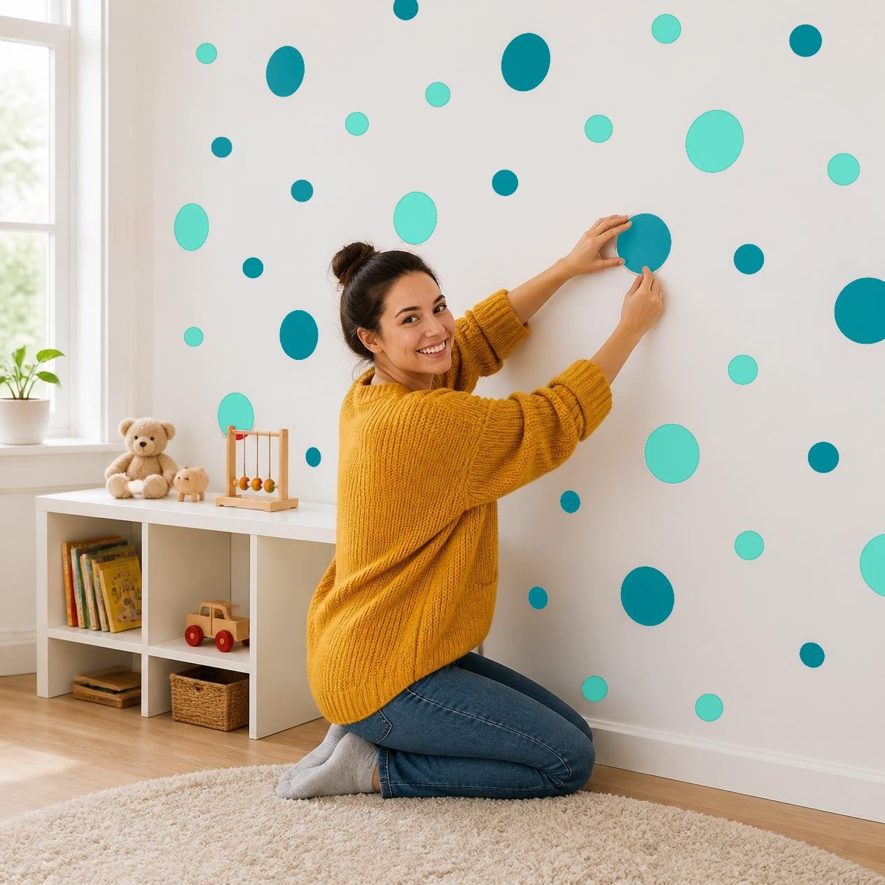 Mint Green and Turquoise Polka Dot Wall Decals, 2" and 4" Vinyl Circle Stickers, Removable Dot Decals for Nursery, Kids Room, Playroom product image (2)
