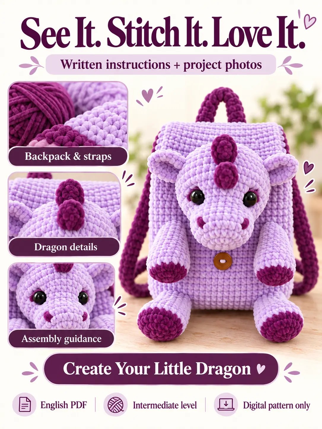 Little Dragon Backpack Crochet PDF Pattern product image (3)
