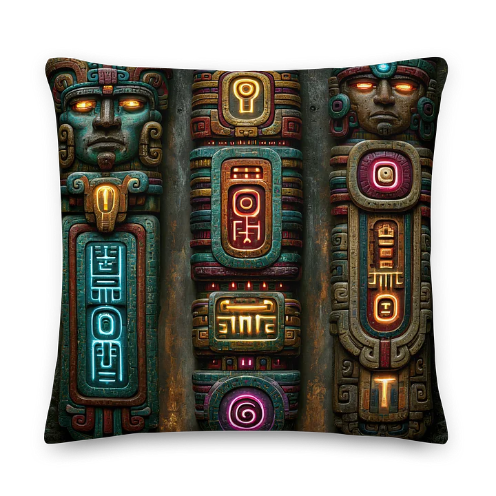 Archive Guardians I — Neon Mayan Machine Totem Cushion Cover 22x22 product image (2)