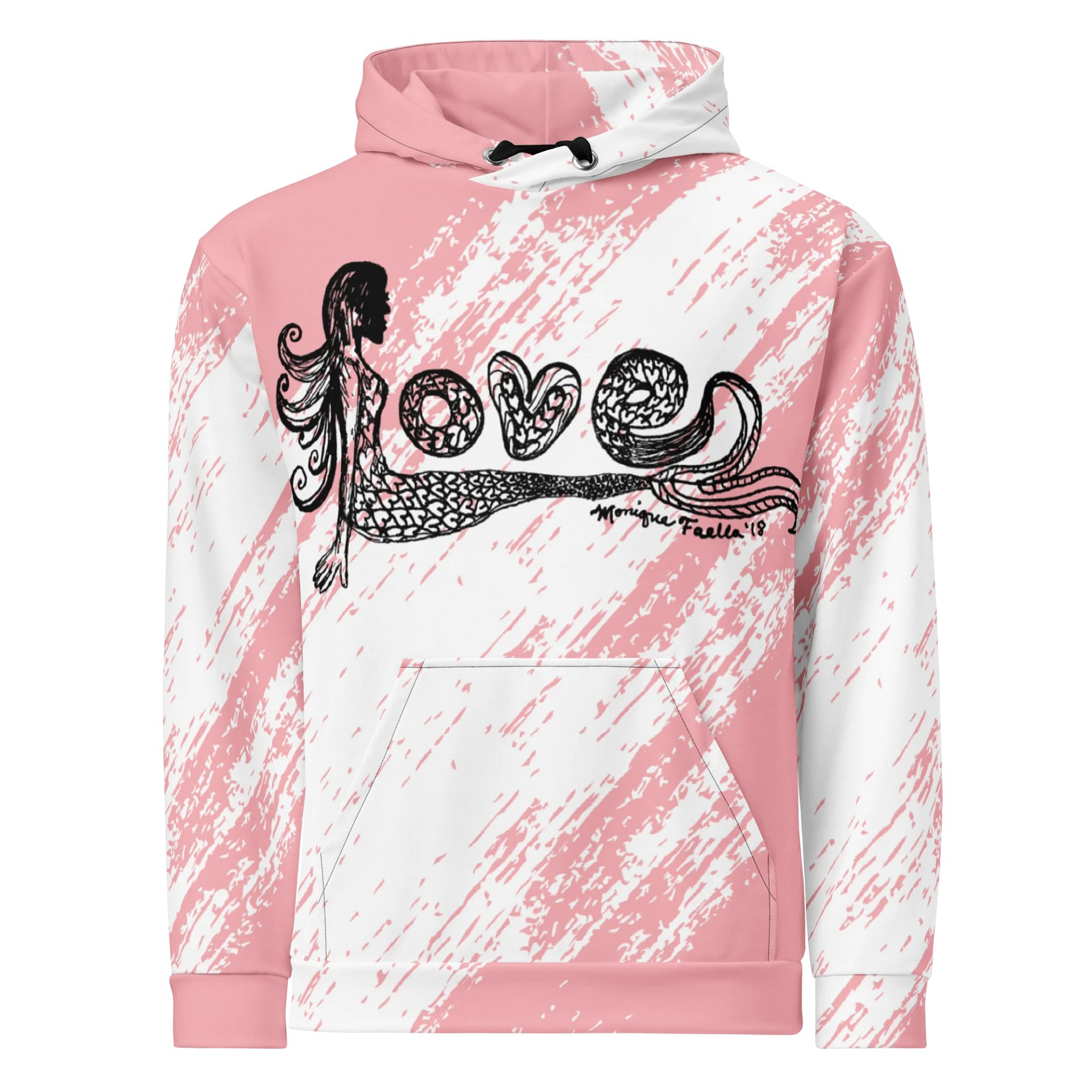Mermaid Love | Black on Pink & White Brushstroke | Comfy All-Over Print Unisex Hooded Sweatshirt | Ocean-Inspired | Monique Faella Designs™ product image (1)