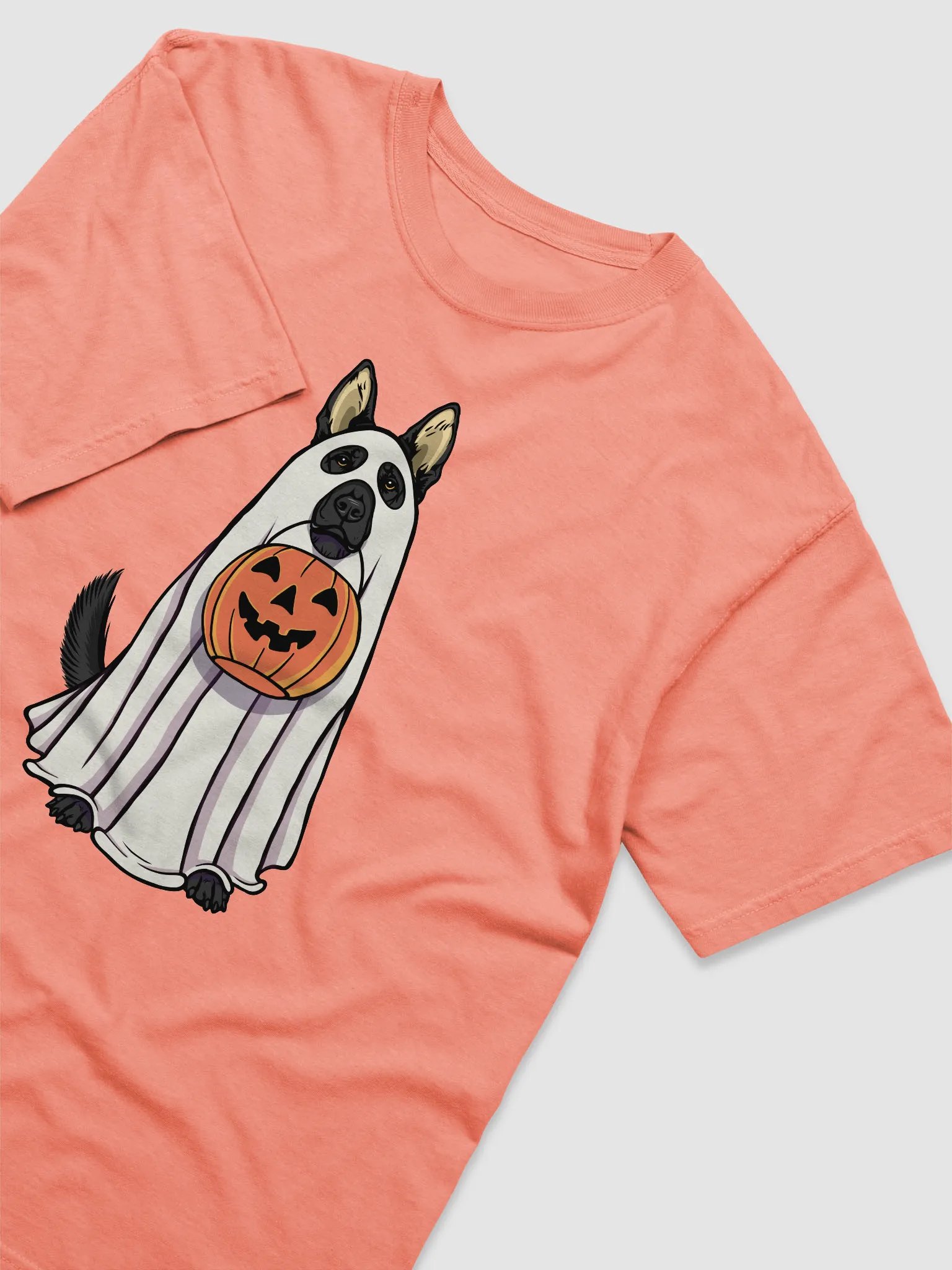 Funny Halloween German Shepherd(Black) T-Shirt | Funny GSD Wearing a Ghost Costume and Holding a Pumpkin Basket product image (6)
